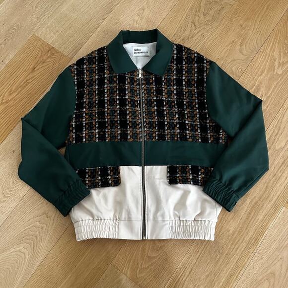 Drole De Monsieur Checked Panel Lightweight Jacket in Green - Picture 1 of 5